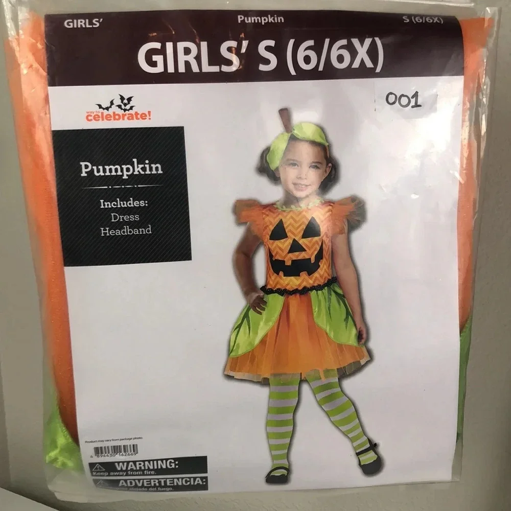 Jack O Lantern Costume Girls Size S 6/6X Dress Headband Pumpkin Halloween 001